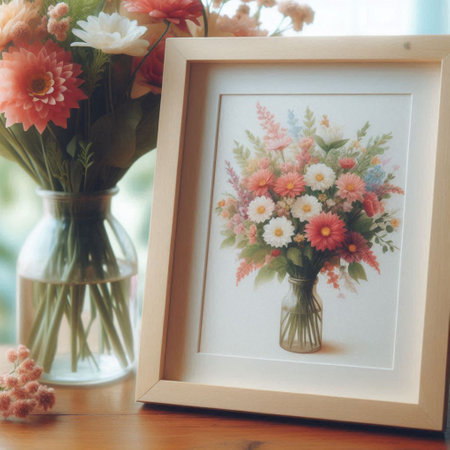 Flower bouquet in vase and photo frame on wooden table