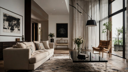 Interior of a modern living room with beige sofa and armchairの写真素材