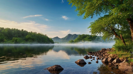 Panoramic view of the lake in the morning with fog and rocks