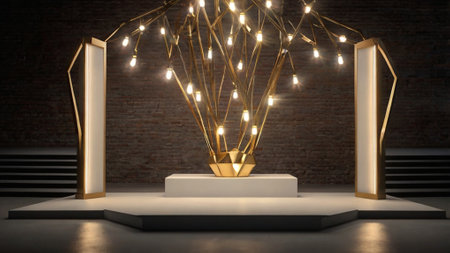 3d rendering of a podium with golden lights in a dark room