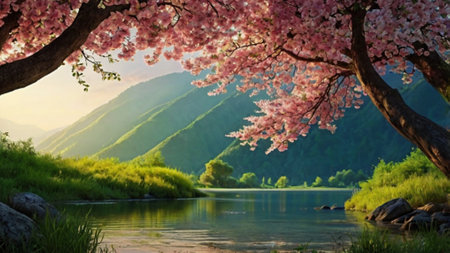 Cherry blossoms on the bank of a mountain river in springの写真素材