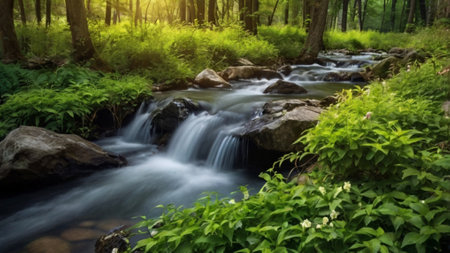 Mountain river flowing through the forest in summer. Soft focus.
