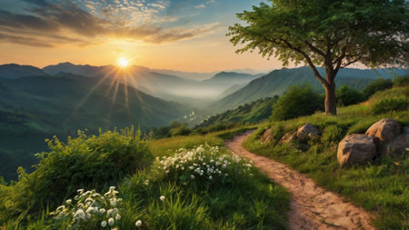 Landscape of mountains at sunrise. Panoramic view of beautiful nature.の写真素材