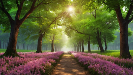Beautiful spring landscape with purple flowers in the forest. 3d rendering