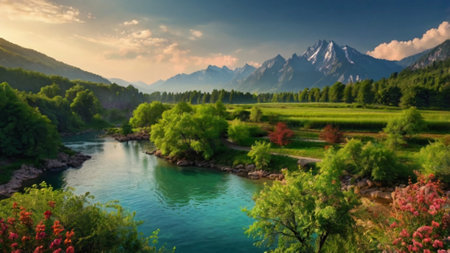 Panoramic view of the river and mountains at sunset. Beautiful summer landscape.の写真素材