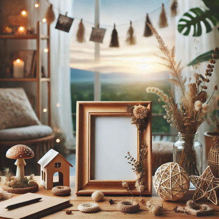 Wooden photo frame mockup on table in living room. Home decoration concept.の写真素材