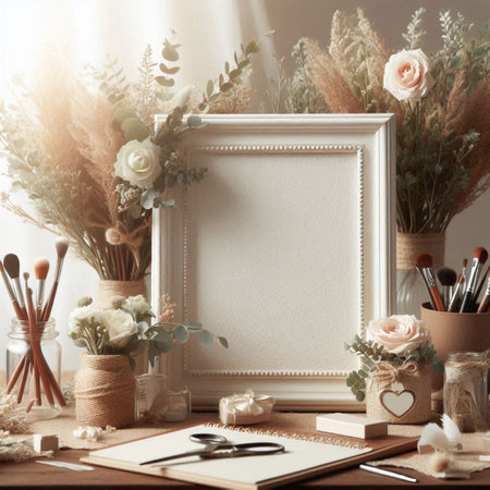 Blank picture frame mockup with artist tools and flowers on wooden table.の写真素材