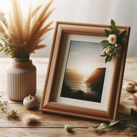Flowers in vase with photo frame on rustic wooden tableの写真素材