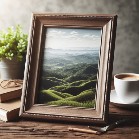 Wooden photo frame and coffee cup on wooden table in coffee shopの写真素材