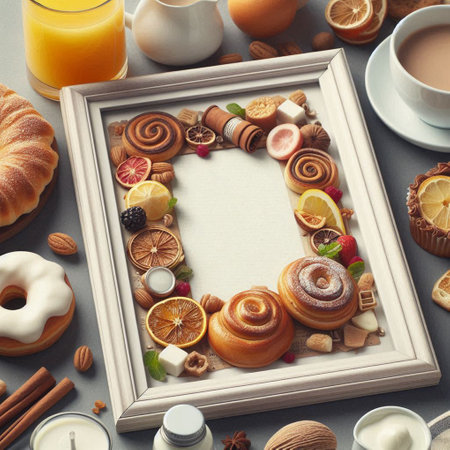 Frame with delicious buns and cup of coffee on table, top viewの写真素材