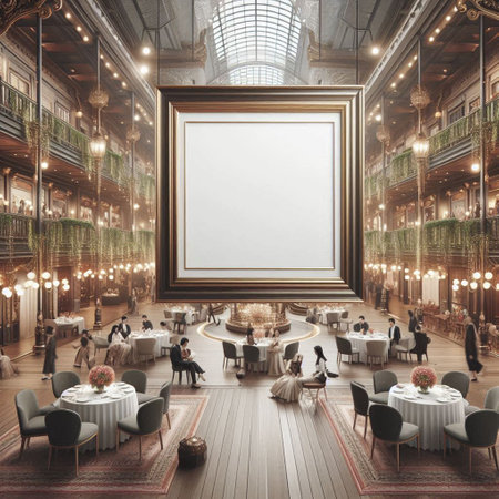 Interior of luxury restaurant with empty poster on the wall. Mock up, 3D Renderingの写真素材