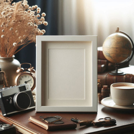 Blank photo frame mockup with vintage camera, coffee cup, books and other items.の写真素材