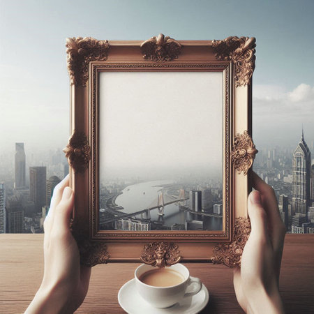 Hand holding blank picture frame on wooden table with city view and coffee cup