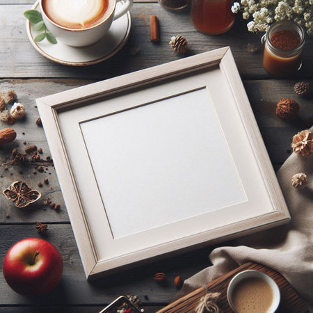Wooden frame mockup with cup of coffee, apples and cinnamon on a wooden background.の写真素材