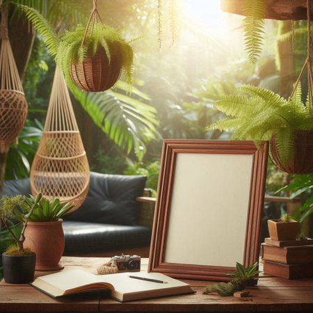 Wooden frame mockup on a table in a tropical garden.