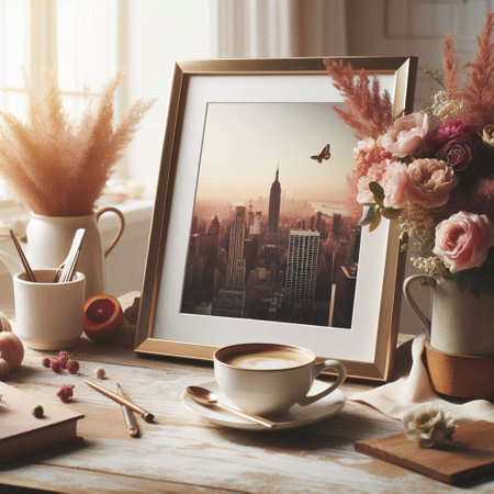 Cup of coffee and vintage photo frame on white wooden table.