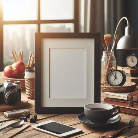 Blank photo frame mockup, coffee cup, camera and other items on wooden table.
