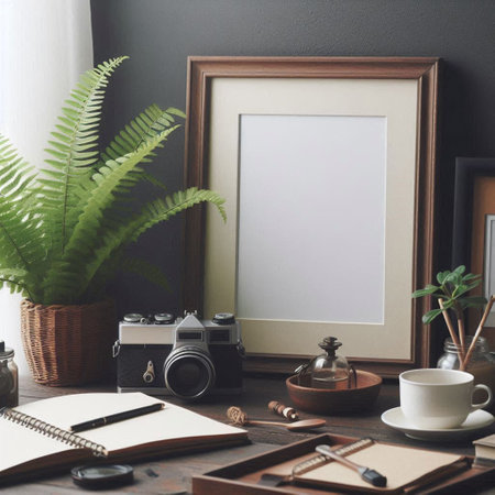 Mockup blank frame, coffee cup, camera, notebook and plant on wooden tableの写真素材