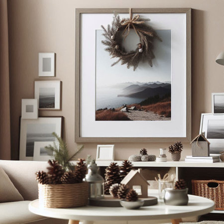 Stylish living room interior with mock up poster frame, table and decorationsの写真素材