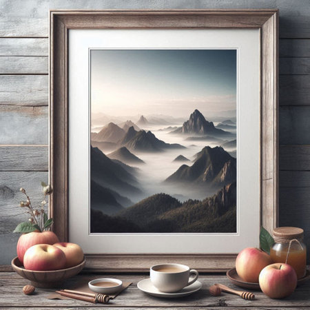 Wooden frame mockup with mountain landscape, tea cup and apple on wooden table.