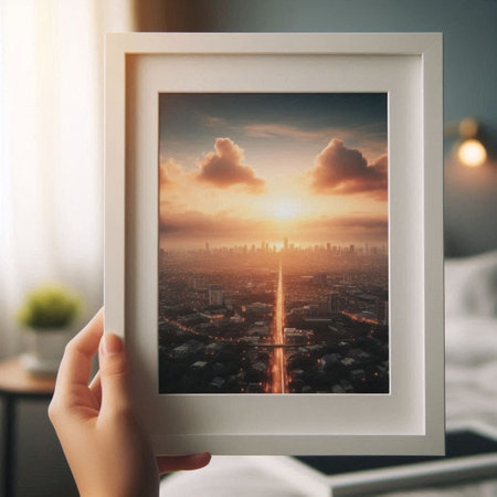 Hand holding photo frame with cityscape at sunset. Photo montage