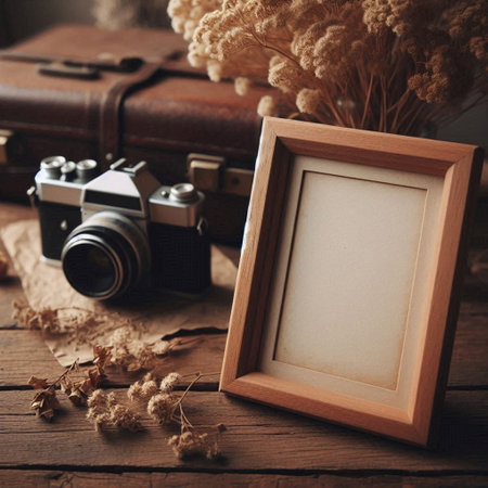 Vintage camera and photo frame on wooden background. Retro style.