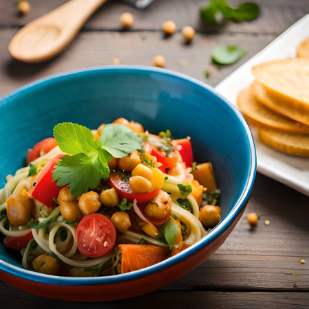 spaghetti with chickpeas, tomato and cucumber on wooden backgroundの写真素材