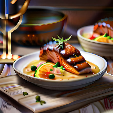 Japanese cuisine, salmon with soy sauce and vegetables on a plate.の写真素材
