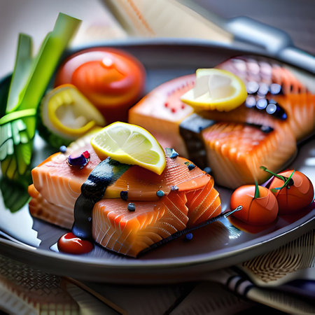 Slices of fresh salmon with lemon and vegetables on a plateの写真素材