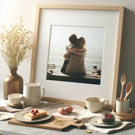 Couple in love sitting on the table with cup of coffee.