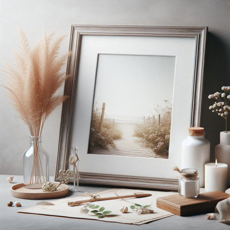 Modern scandinavian interior with mock up photo frame, dried pampas grass, candles, vase with flowers, home decor. Design concept.の写真素材