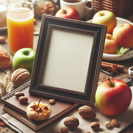 Wooden frame mockup with apple, apple, cinnamon, nuts and juice.
