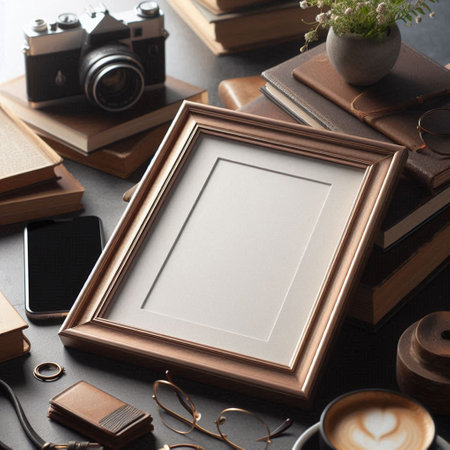 Wooden frame mockup with vintage camera, coffee cup and books on grey backgroundの写真素材