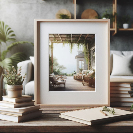 Modern interior design mock up with photo frame, books and plants on wooden table.の写真素材