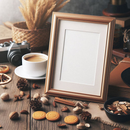 Blank photo frame mockup with coffee cup, cookies, nuts and dried flowers on wooden tableの写真素材