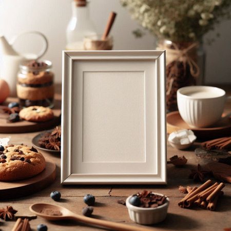 Photo frame mockup with chocolate chip cookies, cup of coffee, cinnamon and anise on wooden tableの写真素材