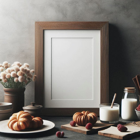 Mock up blank frame, croissants, milk and berries in vase on concrete wall background.の写真素材