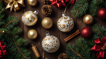 Christmas decoration on wooden background. Christmas tree branch, pine cones, red and gold balls.の写真素材