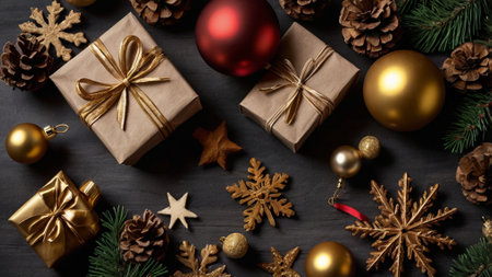 Christmas composition. Gifts, christmas decorations on black wooden background. Flat lay, top view,...