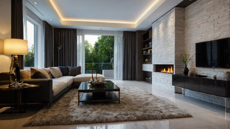 Interior of a modern living room with fireplace and black coffee table