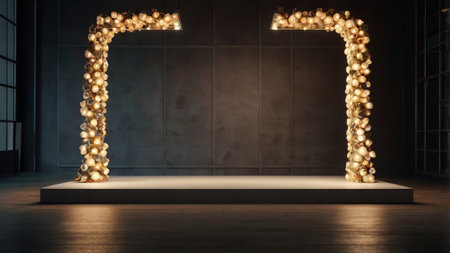 3d rendering of a podium in a dark room decorated with Christmas lightsの写真素材