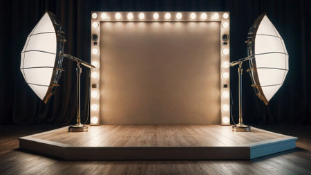Photo studio with floodlights and spotlights. 3d render.