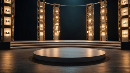3D rendering of a podium illuminated with spotlights in a dark roomの写真素材