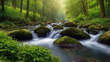 Mountain river flowing through the green forest. Beautiful summer landscape.