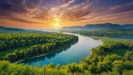 Panoramic view of the river and the forest at sunrise.の写真素材