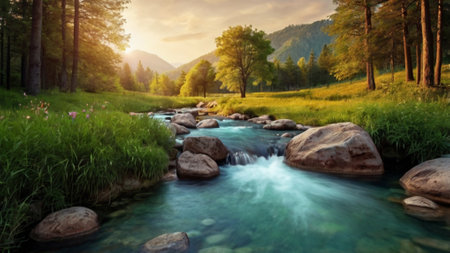 mountain river in the morning, panoramic view of beautiful landscapeの写真素材