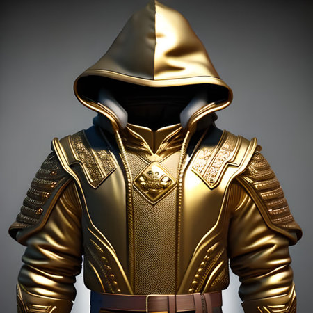 3d render of medieval knight in golden armor on gray background.の写真素材