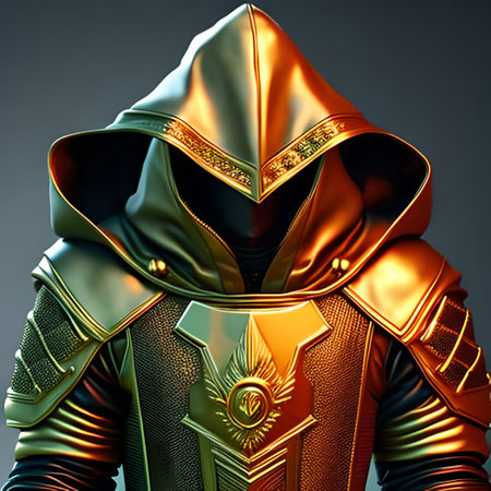 3D Illustration of a Fantasy Knight with Golden Helmet and Costumeの写真素材