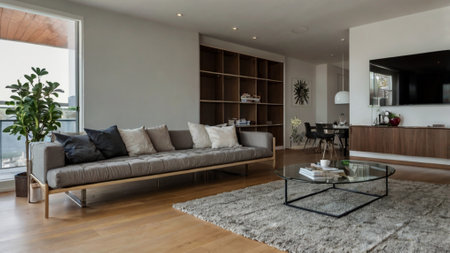 Interior of a modern living room with a sofa and coffee tableの写真素材