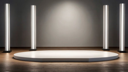 3d rendering of a white podium in a dark room with lamps
